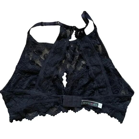 Jenny Jen Black Embroidered Floral Lace RACERBACK PADDED BRALETTE Spandex SZ L - Picture 7 of 10